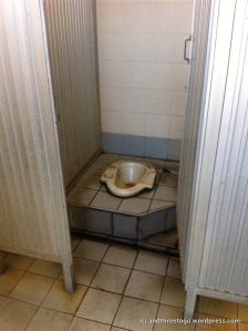 A gas station squat toilet. It looks dirty but was actually fairly clean. Just old. This look is pretty common for public toilets though.